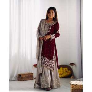 Ensembles de costumes pour femmes avec broderie lourde et travail de séquence de perles, haut-bas et dupatta, codage - Product Image 2