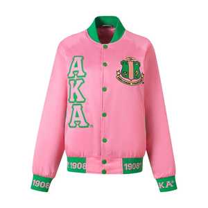 Chaqueta Bomber Rosa Satinada AKA con Forro de Cinta Personalizado, Chaqueta Varsity Bordada con Letras Griegas para Mujer, Estilo Urbano - Product Image 1