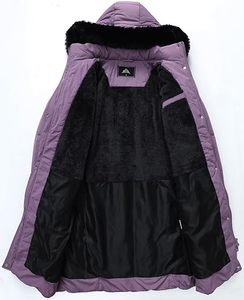 Abrigo Largo Acolchado de Invierno para Mujer con Capucha con Ribete de Piel, Cierre de Botones, Manga Larga, Color Morado Sólido, Prenda Exterior Cálida - Product Image 6