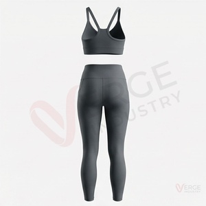 <b>Women's</b> Dark <b>Grey</b> Yoga Set 2 Piece Crisscross Strap Crop Top High Waist <b>Leggings</b> - Product Image 2