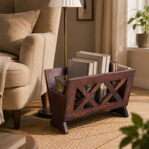 Porte-revues en bois massif artisanal, organiseur de journaux et de livres autoportant écologique pour le rangement à la maison, au bureau ou dans le salon - Product Image 3