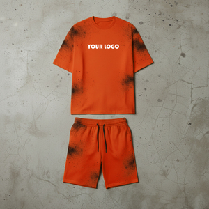 Streetwear Custom Logo Spray Dye Two Piece Men's Summer Suit 2 Piece Acid Wash Shorts and T Shirt <b>Set</b> for Men - Product Image 1