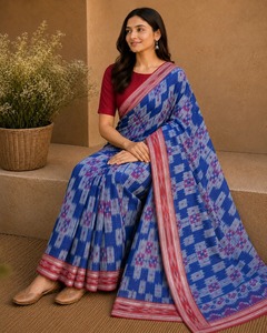 Magnifique sari en soie pure bleu royal à motif géométrique Ikat avec bordure rouge, sari traditionnel indien pour les fêtes et les occasions spéciales - Product Image 2