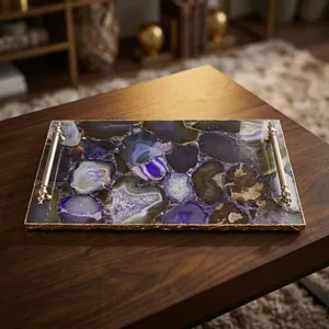 Plateau de service rectangulaire en agate violette fait main avec poignées métalliques et bord doré, idéal pour la table basse, la cuisine et la décoration intérieure - Product Image 5