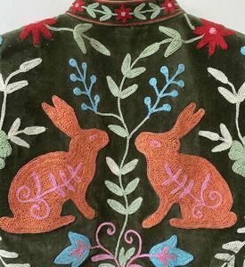 Women's Hand Embroidered Quilted Velvet Cotton <b>Jacket</b> <b>Mandarin</b> <b>Collar</b> Full Sleeves Vintage Floral Rabbit Winter Outerwear - Product Image 4