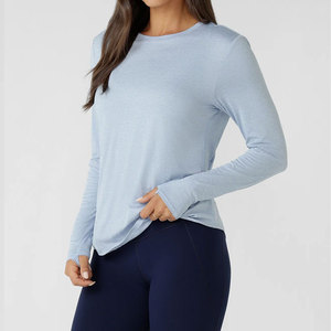Workout Shirt Seamless Breathable Curved Hem <b>Long</b> Sleeve Thumb Hole Sports Running Top Women Yoga Wear Crew Neck Shirt Plain - Product Image 4