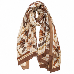 Women's <b>Silk</b> Square <b>Scarf</b> Floral Pattern Brown Cream Lightweight All Seasons Daily Wear Accessory - Product Image 1