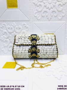 Handmade White Mosaic Clutch Bag Floral Stone Embellishment | Craftstages International Designer Sling Clutch for Women | - Product Image 5