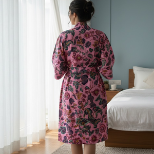 Robe de nuit kimono en coton rose à fleurs, col en V, manches longues, fermeture à cordon, séchage rapide, respirante, ensemble cadeau pour demoiselle d'honneur - Product Image 5