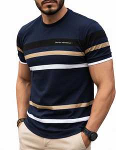 T-shirt à manches courtes pour homme, bleu marine rayé, col rond, coupe classique, décontracté, logo sur le devant, respirant, tricoté - Product Image 3