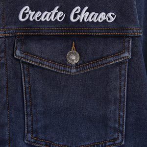 Men's Denim <b>Jacket</b> <b>Sherpa</b> <b>Lined</b> Create Chaos Embroidery Casual Autumn Button Fly Regular Fit Stonewashed Blue - Product Image 3