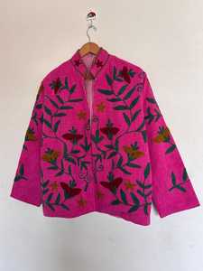 Pink Mandarin Collar Embroidered Coat Floral Print Long Sleeve Loose Fit Chinese Style Woven Acrylic Jacket <b>All</b> Seasons Casual - Product Image 1