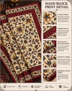 ชุดแผ่นรองจานพิมพ์ลายบล็อกมือแบบบากรู สีขาว ทำจากผ้าฝ้าย คุณภาพส่งออก สีธรรมชาติ ซักได้ ชุดผลงานชิ้นเอก - Product Image 3