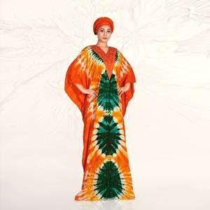 Caftán Farasha de Rayón con un Atrevido Estampado Abstracto, Escote en V Adornado, Corte Holgado y Fluido, y una Elegante Silueta Larga hasta el Suelo - Product Image 1