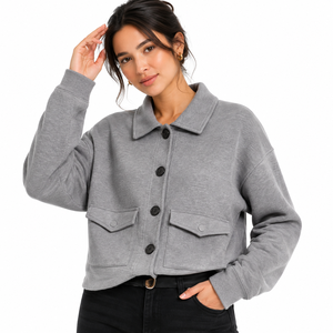 Veste d'hiver en tricot gris pour femme, col rabattu, boutons sur le devant, manches longues, cardigan décontracté de coupe régulière avec poches plaquées - Product Image 2