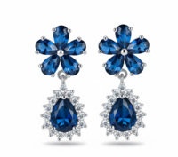Anting Bunga Mewah Perak 925 Biru Potongan Pir Berlapis Rhodium Perhiasan Wanita