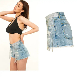 Elegantes Shorts de Mezclilla para Mujer, con Borlas y Cuentas, Cintura Alta, Pierna Ancha, Color Sólido, Casuales - Product Image 5