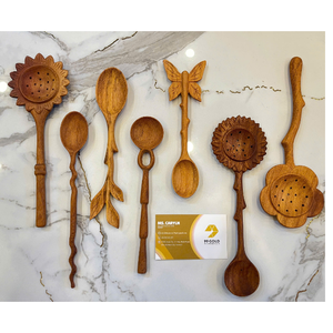 Cuillère en bois sculptée de style rustique, faite à la main, motif feuille naturelle, extra longue, compatible lave-vaisselle, écologique, pour la maison, cadeau, vente en gros - Product Image 1