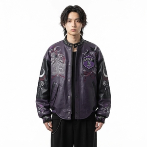 Men's <b>Gothic</b> Cowhide Leather Streetwear Bomber <b>Jacket</b> Hand Embroidery Geometric Pattern Zipper Closure Stand Collar Winter Style - Product Image 1