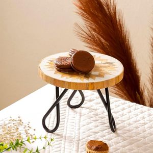 Support à gâteau rond en bois avec incrustations géométriques, présentoir à desserts, plateau de service sur pieds métalliques pour fêtes et décoration intérieure - Product Image 6