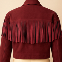 Blouson de moto matelassé en cuir véritable tissé respirant coupe-vent pour femme, court, avec logo frontal à franges, en daim teint pour l'hiver