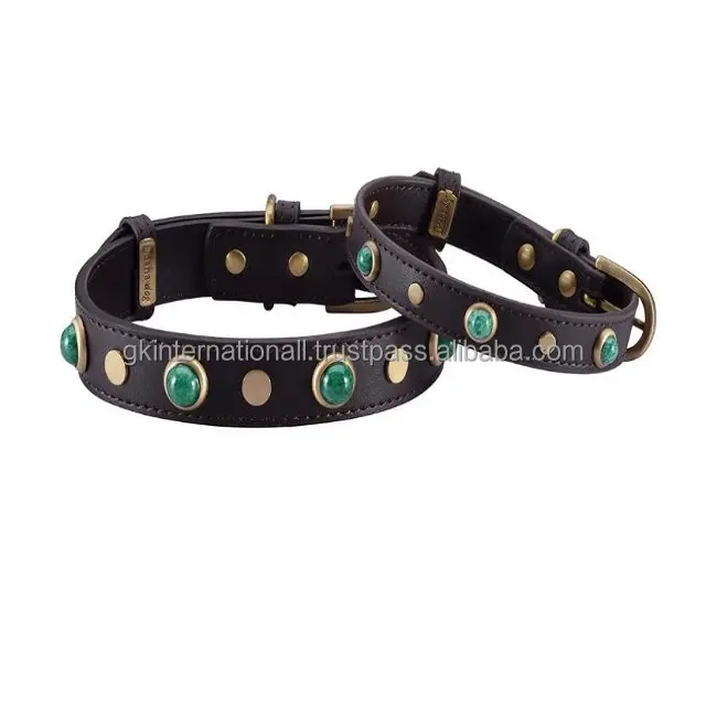 High Quality Brown Leather Dog Collar with Malachite Cabochons conchos stone studs & square brass studs designer dog collar