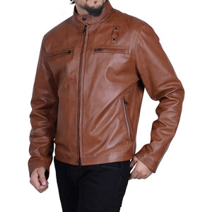 <b>Men's</b> Brown Solid Color Genuine <b>Leather</b> <b>Jacket</b> Stand Collar Zipper Closure Moto Biker Style Available For Online Sale - Product Image 4