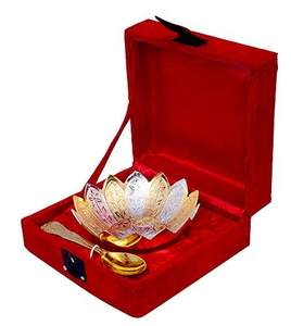 Gold Silver Brass Polished Round Bowl with Tray and Spoon Royal Luxury Velvet Box Packing Premium Dry Fruit Serving - Product Image 1