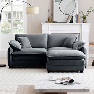 Two-Seater L-Shaped Grey Corduroy <b>Sofa</b> with Ottoman <b>Small</b> Living Spaces Suitable for Living Rooms - Product Image 2