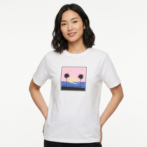 เสื้อยืดแขนสั้นสีขาวสำหรับผู้ชาย พิมพ์ลายพระอาทิตย์ตกดินรูปต้นปาล์ม ทรงปกติ คอกลม สไตล์ลำลอง - Product Image 3