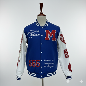 Exclusive Motion Varsity <b>Jacket</b> <b>for</b> <b>Men</b> Blue <b>White</b> Embroidery Letter M 555 Patch Design Preppy Style Autumn Wear - Product Image 1