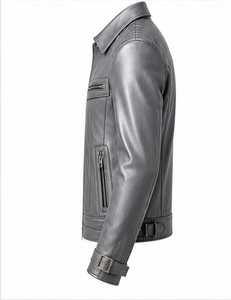 Blouson moto en cuir véritable beige pour homme, col rabattu, fermeture éclair, coupe ajustée, manches classiques, couleur unie, automne - Product Image 4