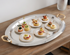 Artisanal Oval <b>Serving</b> <b>Tray</b> With <b>Gold</b> Ring Handles Polished Metal Finish For Residential Use Wedding Events Restaurant And Gifts - Product Image 5