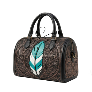 Black Western Mini Duffle Bag <b>Tooled</b> <b>Leather</b> Speedy Purse Turquoise Feather Cowgirl Boston Handbag Women Premium Purses - Product Image 2
