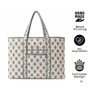 Sac fourre-tout matelassé en coton imprimé à la main, qualité export premium, motif floral bleu, multi-poches, usage quotidien, idéal pour offrir, toutes saisons - Product Image 2