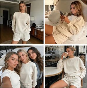Solid Color Two Piece Women Long Sleeve Crew Neck Sweatshirt & Drawstring Wide Leg Shorts Lounge Home Outfit <b>Twin</b> <b>Sets</b> - Product Image 6