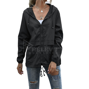 <b>Top</b> Women's Lightweight Hooded Windproof Jacket Full Sleeve <b>Zipper</b> Front Casual Spring Outwear with Side Pockets - Product Image 4