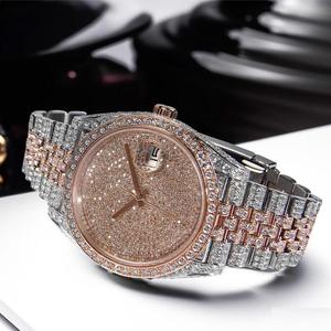 Montre pour homme de luxe RoseTone 46 mm en acier inoxydable, cadran entièrement serti de diamants, style HipHop, mouvement à quartz, montre à aiguilles, diamant Moissanite - Product Image 2