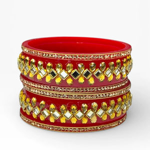 Stylish Handcrafted Red Acrylic Bangle Set <b>Pearl</b> Border <b>Gold</b> Plated Trendy Wedding Women's Festive Wear Wholesale Price - Product Image 1