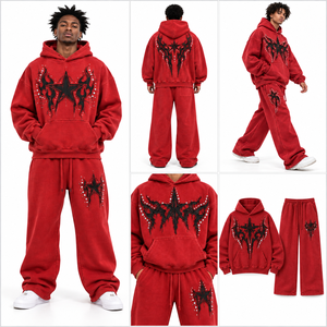 Ensemble sweat à capuche et pantalon de jogging unisexe en polaire rouge, broderie flamme étoile, style streetwear décontracté - Product Image 3