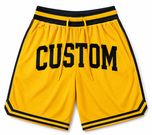Shorts de basket-ball jaunes personnalisés pour hommes avec bordure noire, taille à cordon de serrage, style sportif, tissu en maille respirant avec logo - Product Image 1