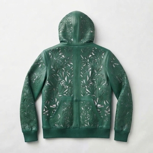 Green Real Hooded <b>Jacket</b> Embossed Leaf Pattern Zipper Closure Casual <b>Men's</b> <b>Summer</b> <b>Jacket</b> Breathable Hollow Out Design - Product Image 2