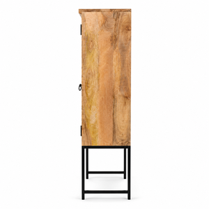 Armoire de rangement de chambre à coucher en bois de manguier massif sculpté à la main, grande capacité, avec portes à motifs floraux mandala et support en métal noir - Product Image 3