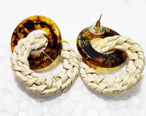 Latest Listing Rattan Earring Hand Knitted Natural Brown Bamboo Color Round Shape with Leopard Resin New Fashion Earrings set