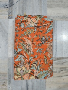 Handmade Kantha Quilt Reversible Cotton Blanket Orange Yellow Multi Color <b>Bedspread</b> Home Decor Gift for Her - Product Image 1