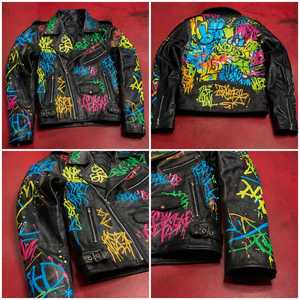 Veste de moto en cuir pour homme, style punk, avec imprimé graffiti, fermeture éclair, col rabattable, pour l'automne - Product Image 3