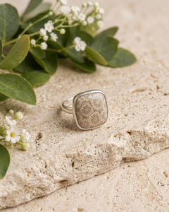 Natural Fossil Coral 925 Sterling Silver Handmade Cushion Shape Floral Adjustable Gemstone <b>Ring</b> for Women - Product Image 3