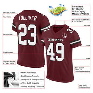 Custom American Football Jersey Maroon <b>Mesh</b> V Neck <b>Short</b> Sleeve Sublimated Print Team Name Number Adult Regular Fit Quick Dry - Product Image 2