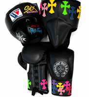 Ensemble de gants de boxe de compétition en cuir noir à lacets, personnalisables avec des croix et logos colorés, pour adultes, usage arts martiaux
