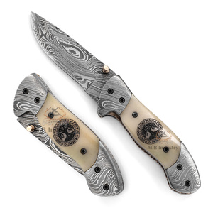 Cuchillo Plegable de Acero de Damasco Personalizado - Cuchillo de Caza y Camping - Grado Industrial - 19 cm de Longitud Total - Grabado Láser Camel - Product Image 2